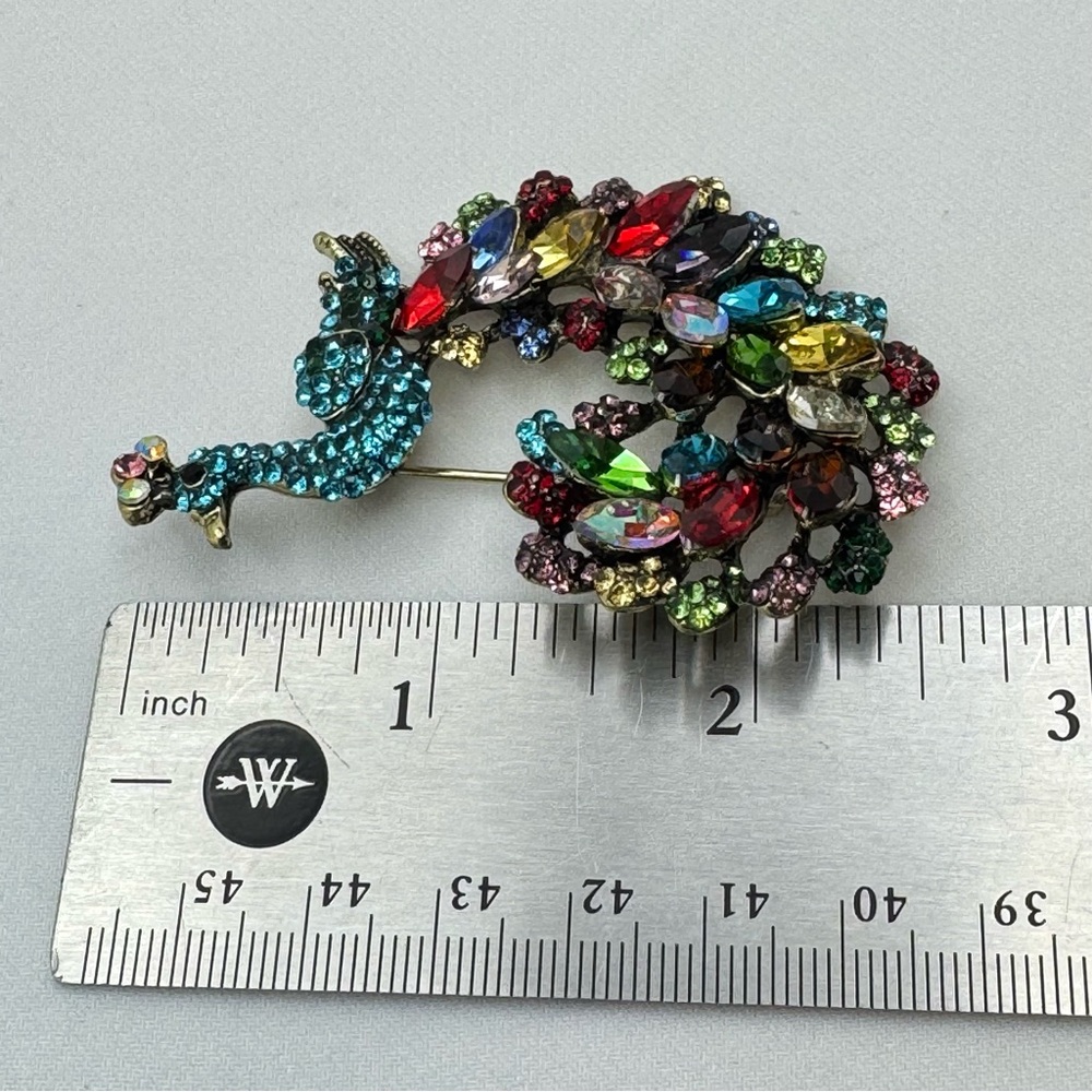 Crystal Peacock Brooch Gold Tone Multicolor Rhinestone Statement Pin Colorful - Picture 5 of 8